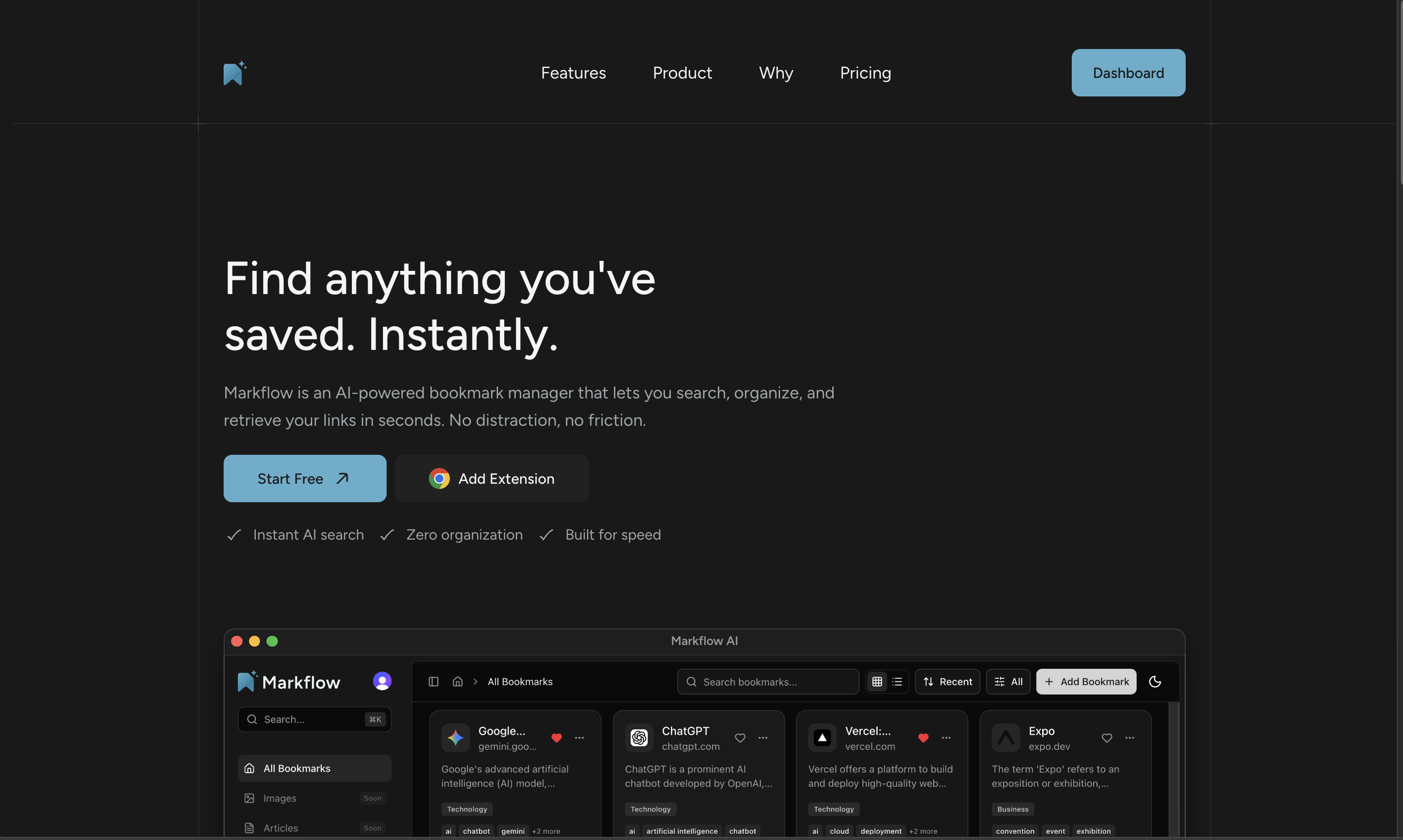 Markflow AI homepage showing its bookmark search and content dashboard